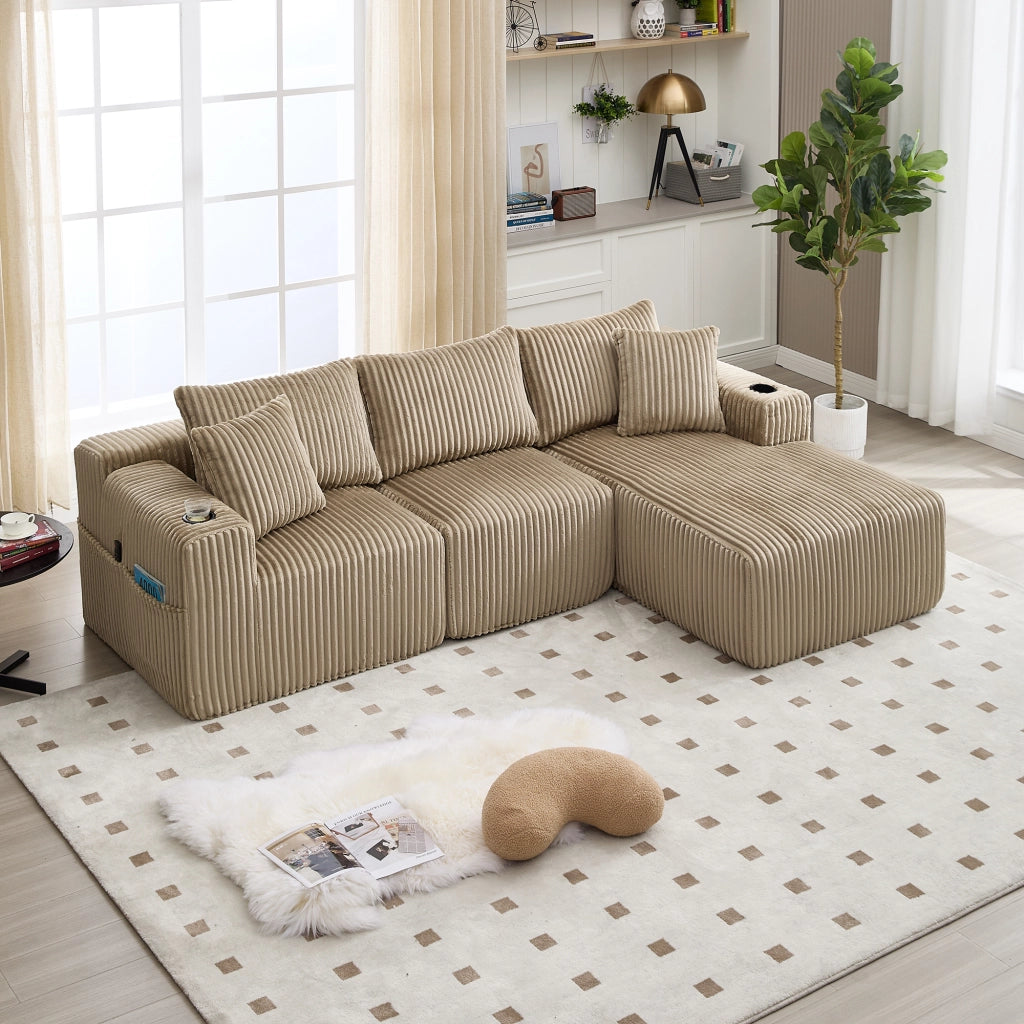Divano modulare con chaise longue e 2 posti - con tasche laterali e portabicchieri - kaki