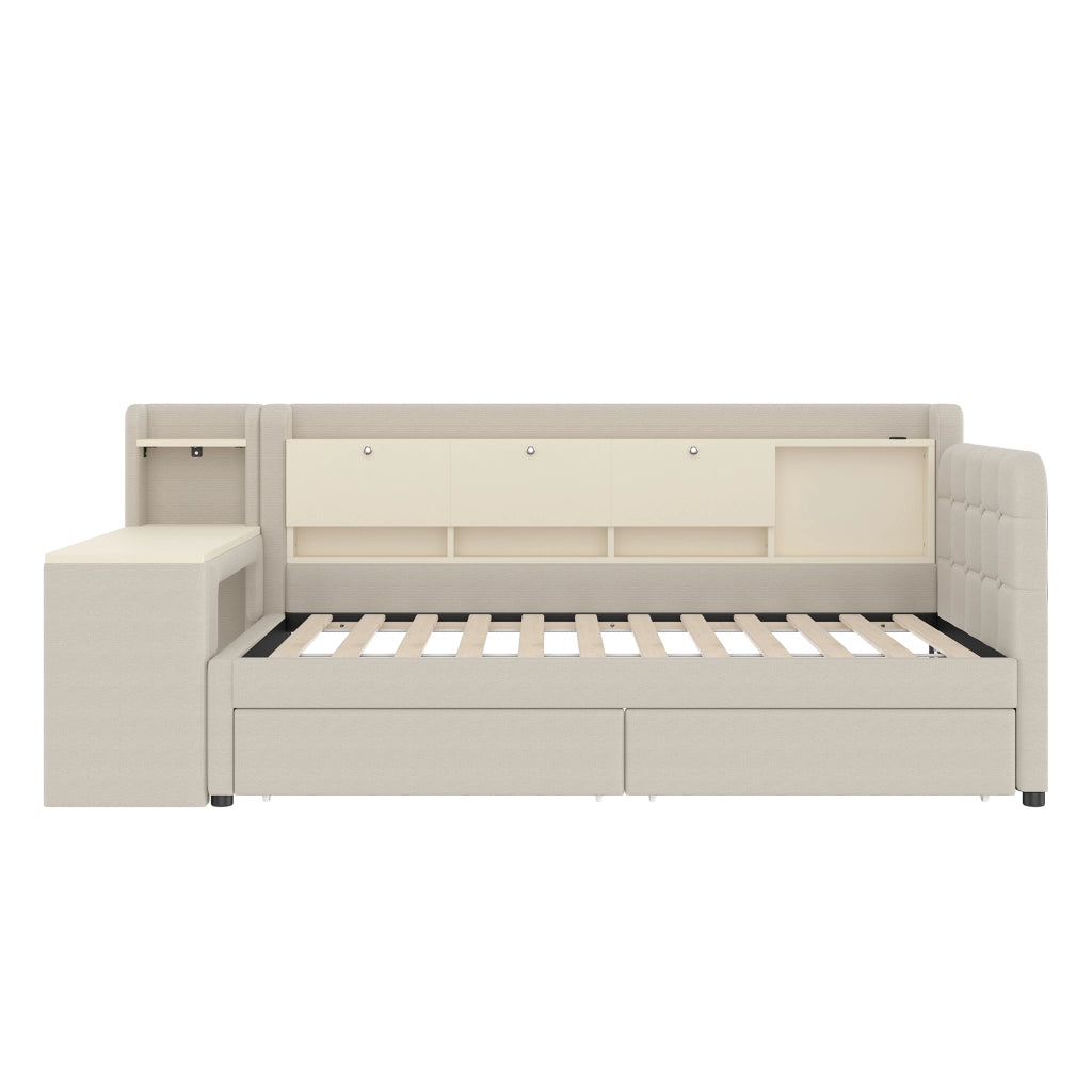Letto divano singolo 90 × 200 cm con 2 cassetti; scrivania; USB e porta di tipo C; senza materasso; beige