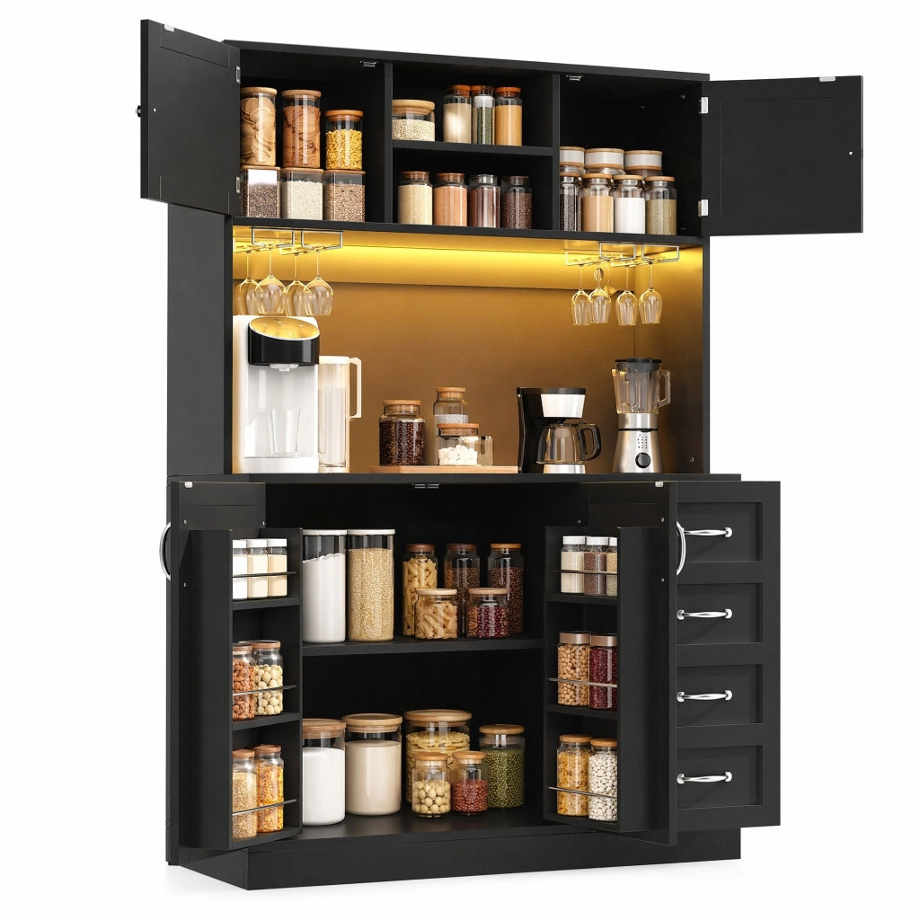 Credenza alta 120x40x188 cm in MDF nero con LED e contenitore integrato