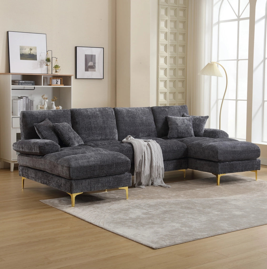 Divano modulare moderno a forma di U in chenille con doppie sedute reclinabili, struttura in legno e piedi in metallo dorato, 272x136x88 cm