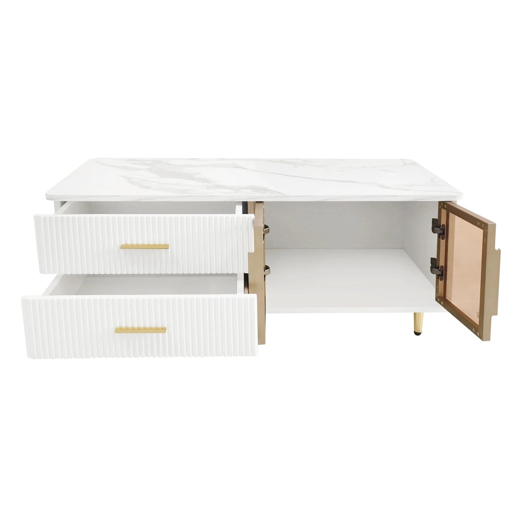 Tavolino da caff¨¨ 100x50 cm con LED, 2 cassetti e vetro temperato bianco