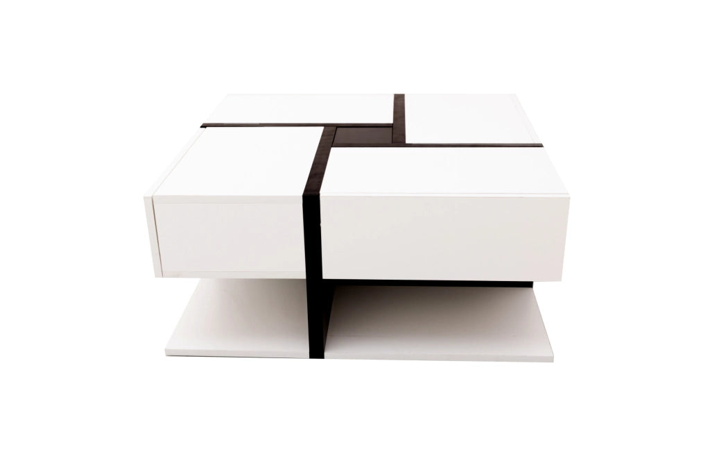Tavolino da caffè quadrato lucido 78x78x36 cm con 4 cassetti e ripiano inferiore; bianco