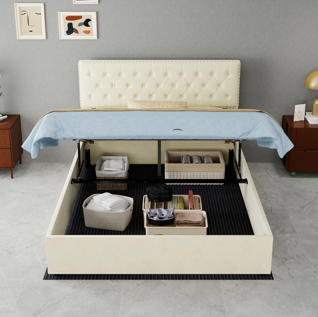 Letto moderno minimalista beige 140x200 cm con testiera imbottita e contenitore, struttura in legno con supporto pneumatico, senza materasso