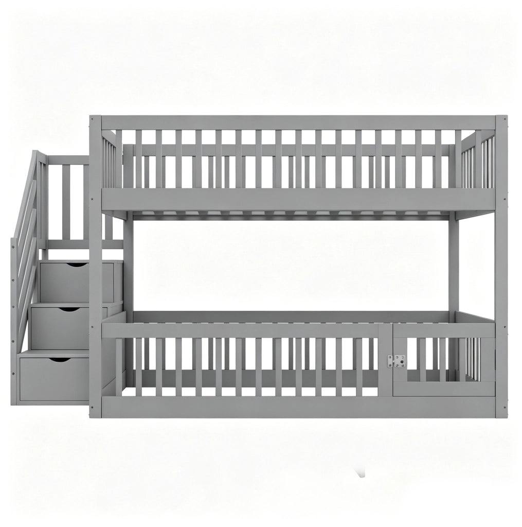 Letto a castello 140x200 cm grigio in legno con scala contenitore e porta apribile