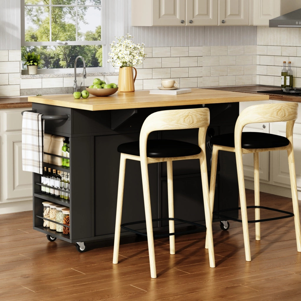 Isola cucina mobile 120x45/70x84 cm con piano ribaltabile; prese USB e ruote HOMVRA