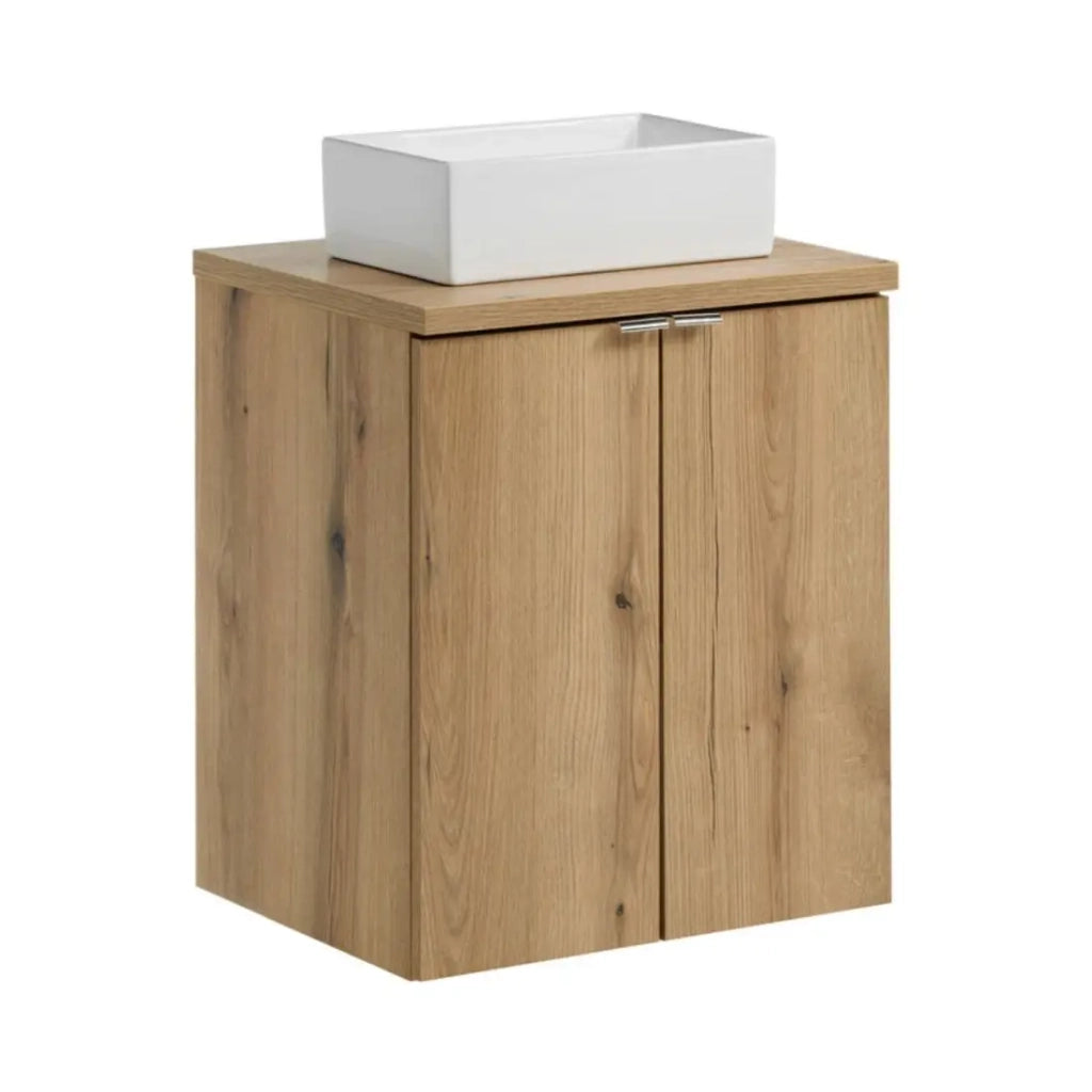 Set VANO effetto quercia 50cm: mobile sottolavabo con ante + piano per lavabo + lavabi da appoggio rettangolari