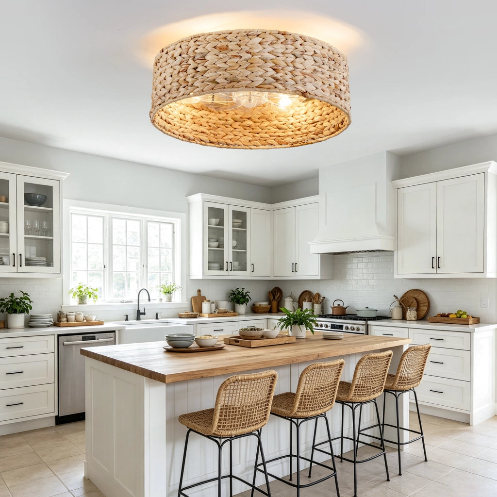 Ventilatore da soffitto con luce in rattan 50 cm; sei velocità; app e telecomando; plastica; rame