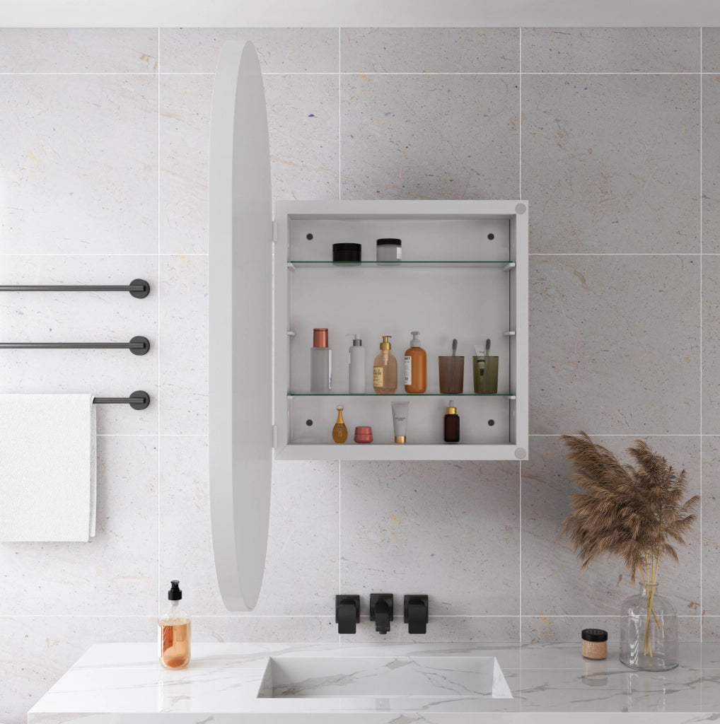 Mobiletto da bagno a incasso con specchio ovale, telaio metallico e ripiani regolabili, bianco