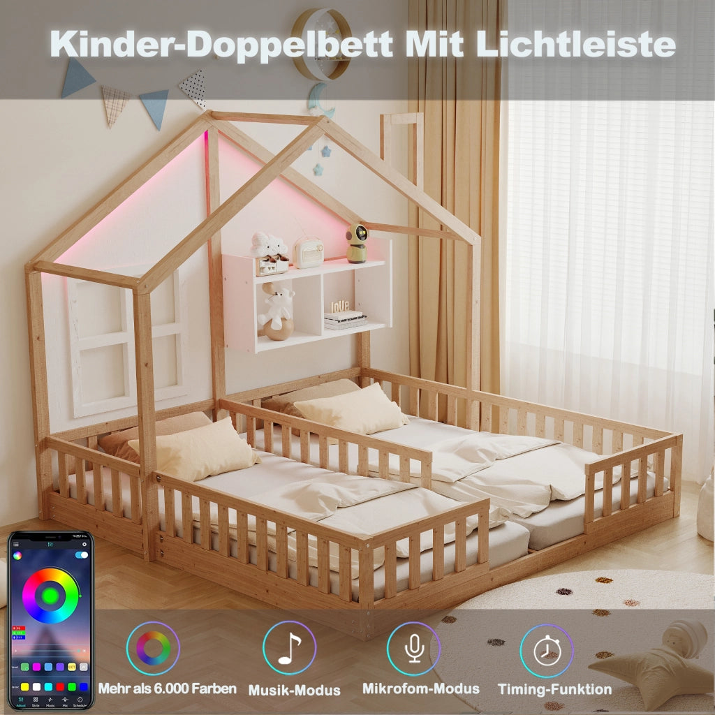 Letto per bambini doppio a casetta per due materassi 90 × 200 cm con LED, sponde, ripiani e rete in legno
