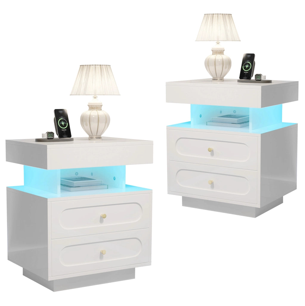 Comodino bianco con illuminazione LED, 2 cassetti e vano aperto, 100x40x60 cm