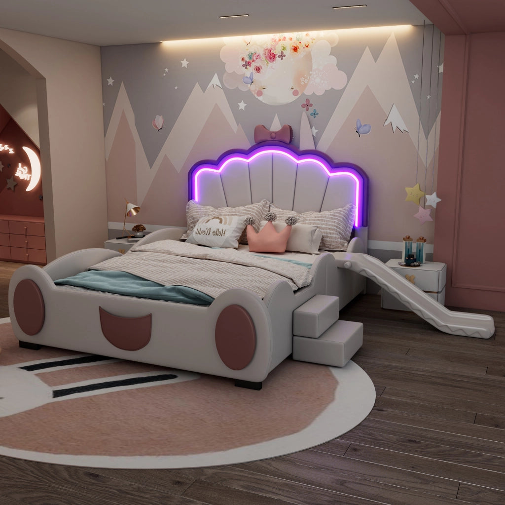 Letto per bambini a forma di farfalla con LED, scivolo e scala, rosa e bianco