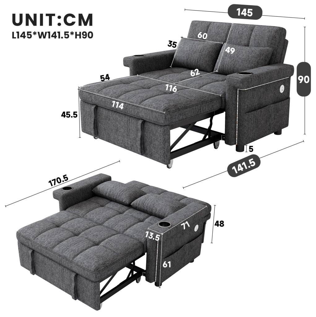 DIVANO LETTO 2 Posti 145 x 141,5 cm Chenille Grigio LED USB Type-C