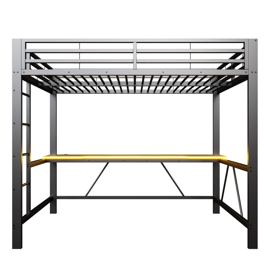 Letto a soppalco 140 × 200 cm con scrivania e LED in metallo e MDF nero con 24 doghe e sponde rialzate