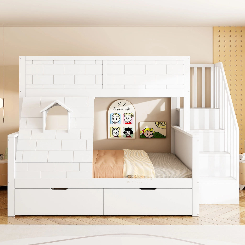 Letto a castello con scala di sicurezza cassetti e finestra legno bianco 90x200 140x200 cm