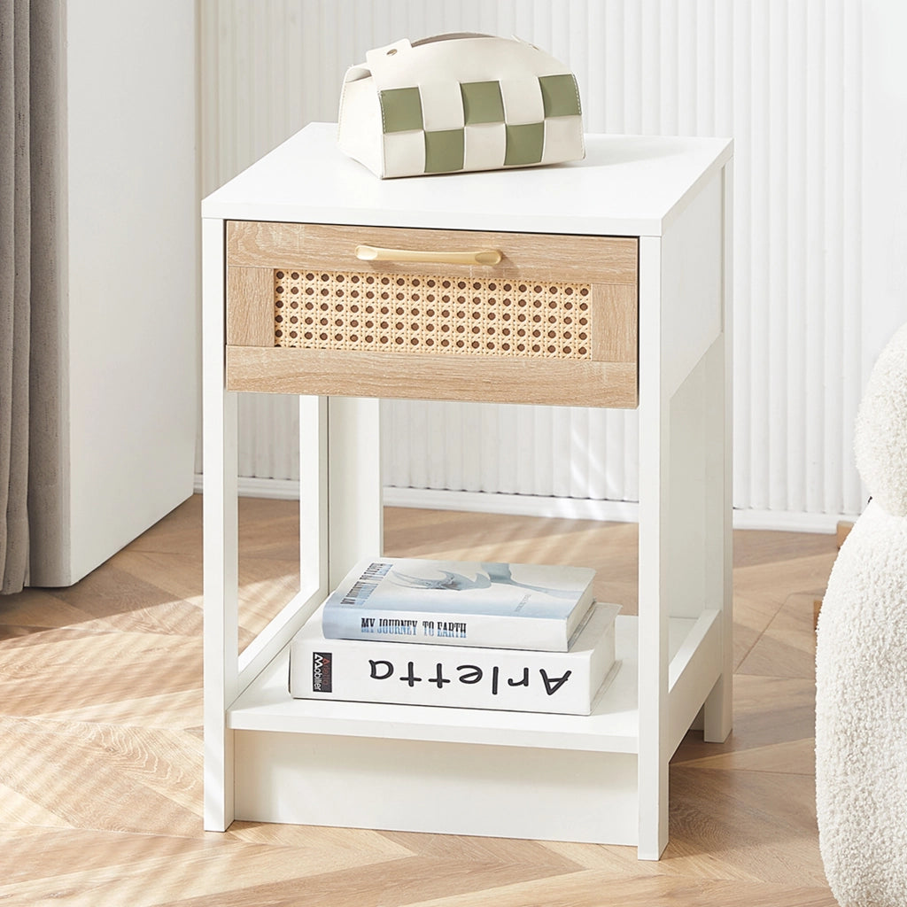 Comodino in MDF effetto rattan con cassetto, mobile versatile per camera da letto e soggiorno, bianco e naturale