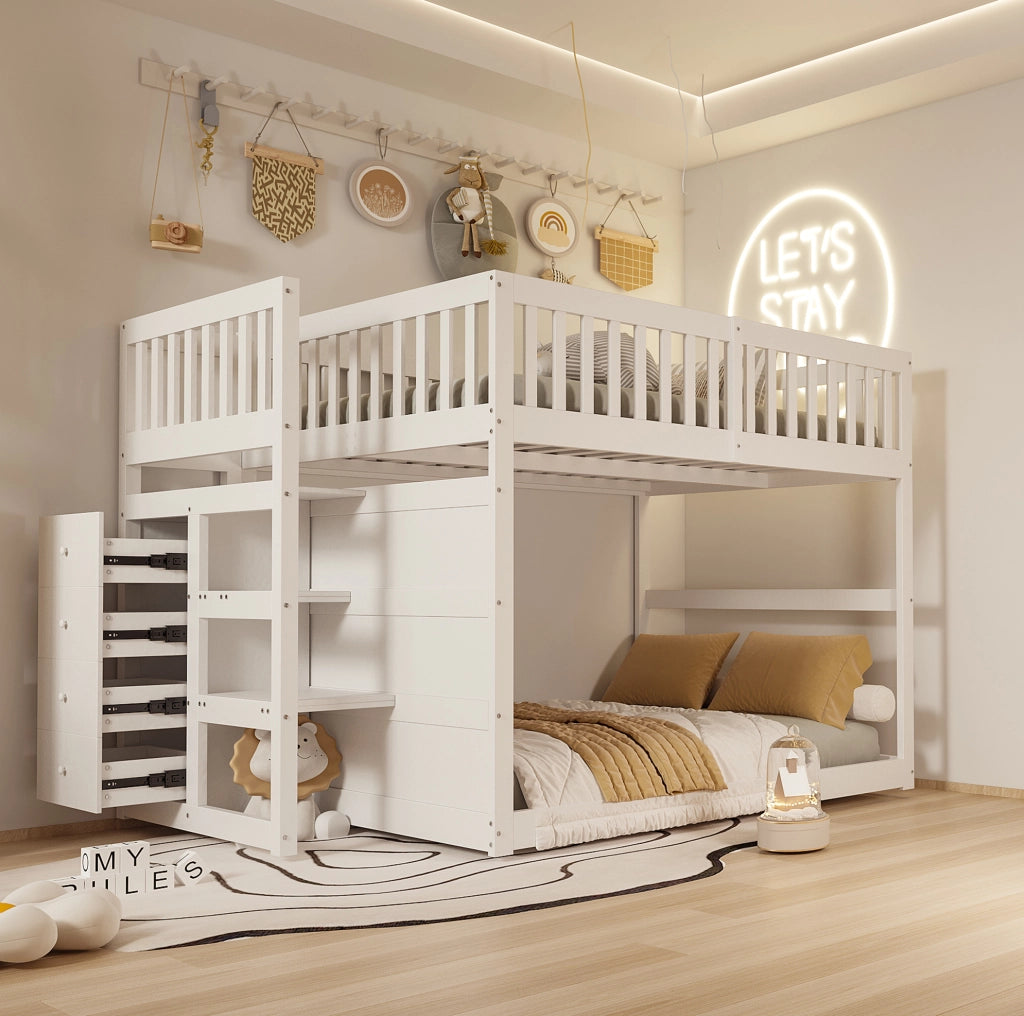 Letto a castello basso 140 x 200 cm con scala contenitore