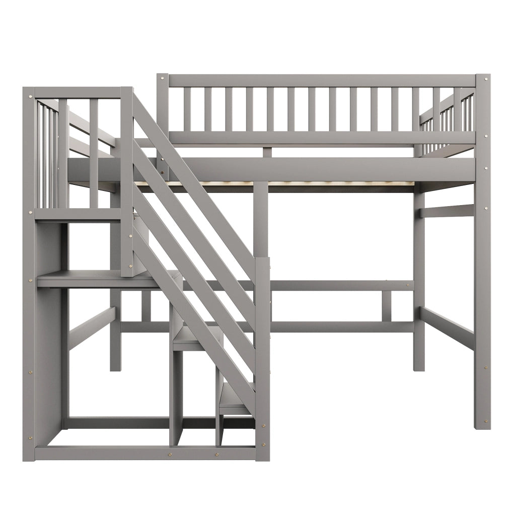 Letto soppalco 140x200 in legno grigio con scala contenitore， senza materasso