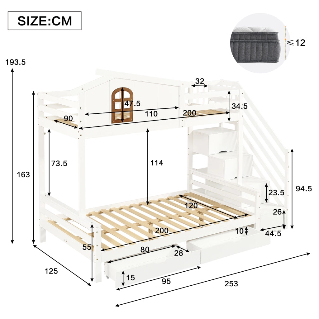 Letto a castello 90x200 e 120x200 cm con 2 cassetti e scala contenitore; bianco e naturale