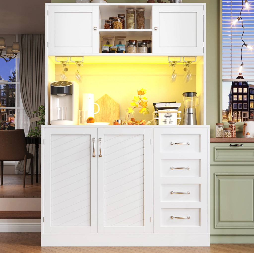 Credenza alta 120x40x188 cm in MDF con LED, 4 ante, 2 cassetti e vani porta bottiglie per cucina