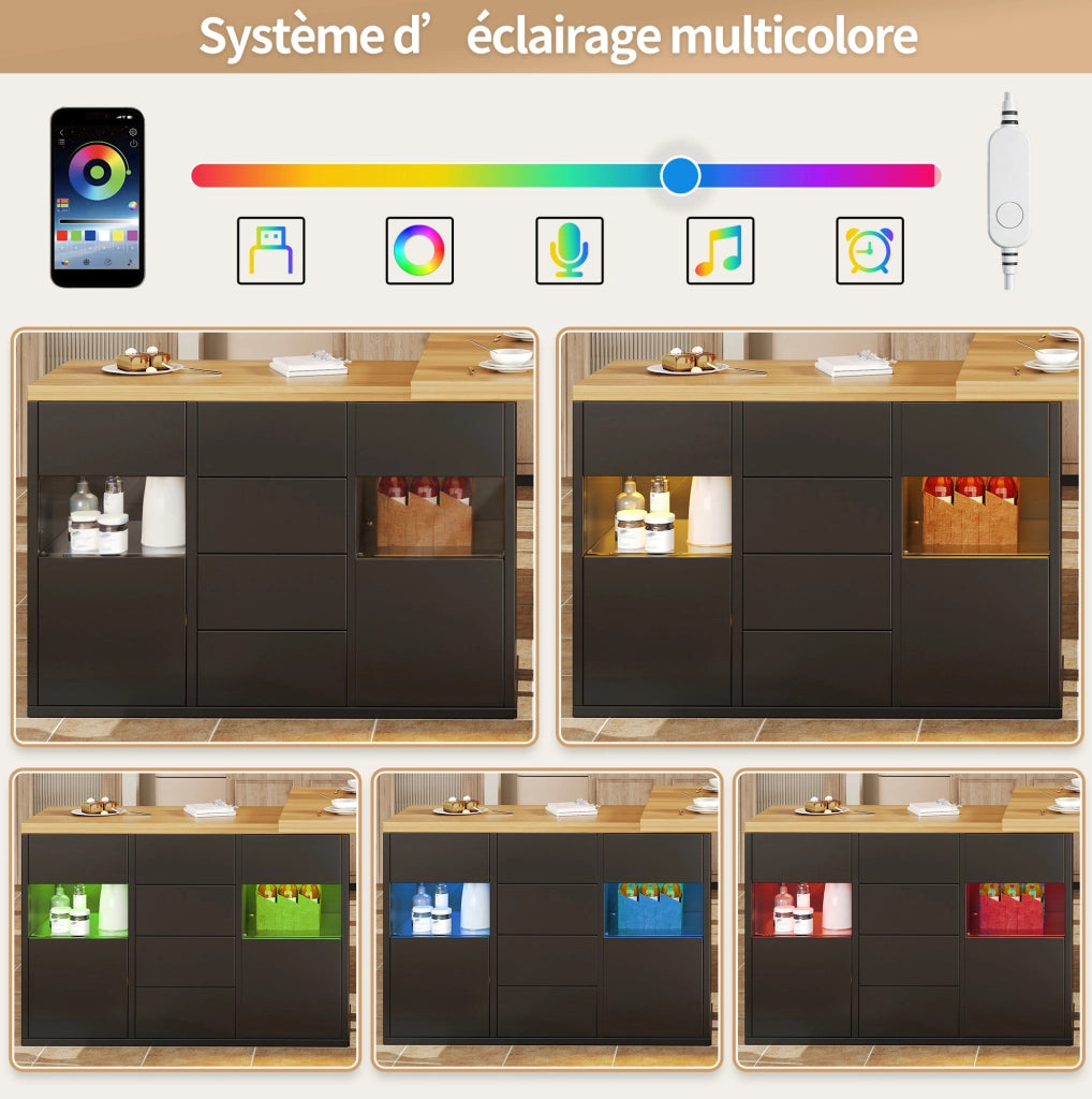 Isola cucina girevole 360° con LED RGB via app; 120-197x40x73;8 cm; MDF nero