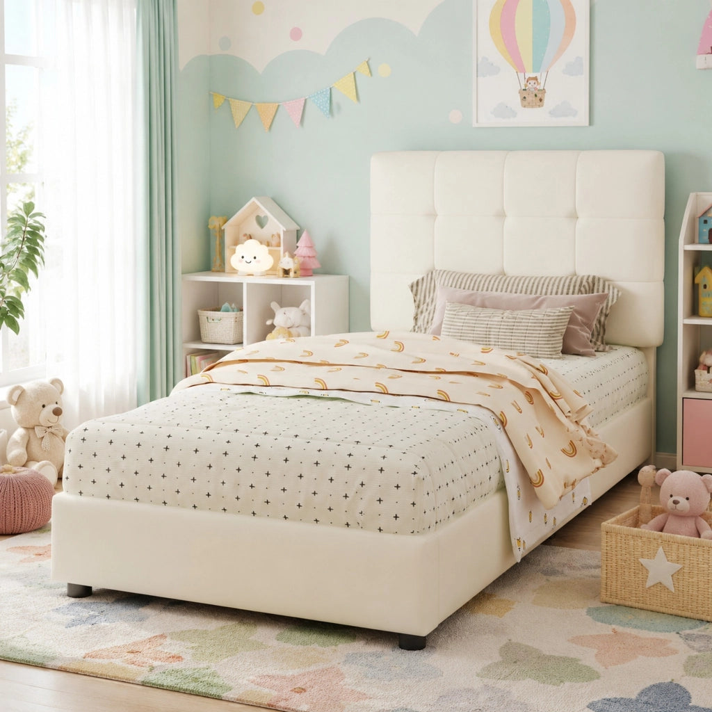 Letto singolo 90 × 200 cm con testiera imbottita in PU e rete a doghe beige