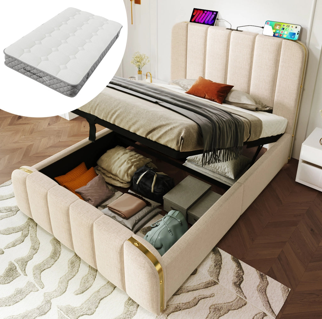 Letto singolo contenitore 90x200 beige in lino， testiera USB Type-C， materasso incluso