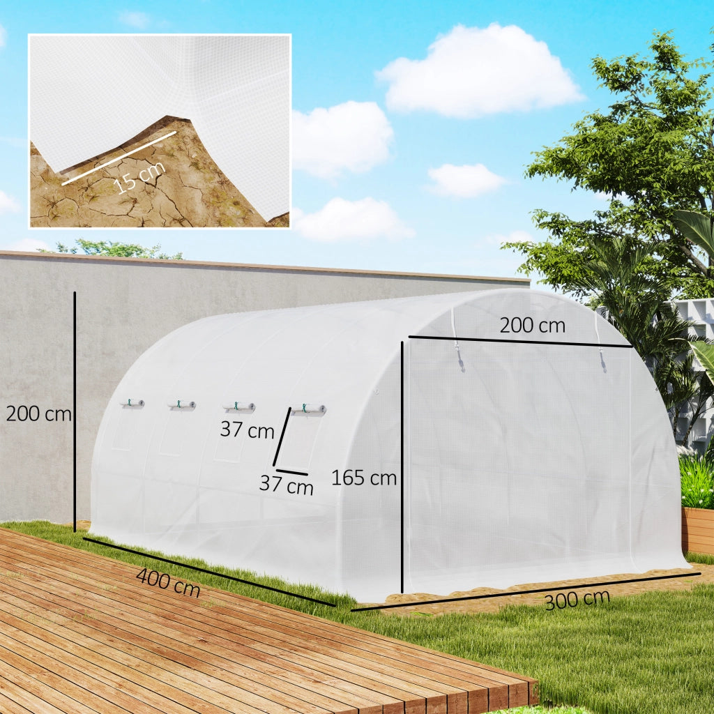 Telo di ricambio per serra a tunnel in PE bianco 12 m² 4 x 3 x 2 m impermeabile anti-UV con 8 finestre e porta per giardino