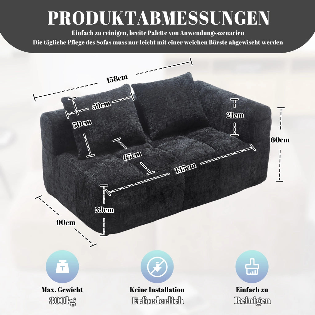 Divano chaise longue 158x90x60 cm in ciniglia nera con tasche laterali e cuscino