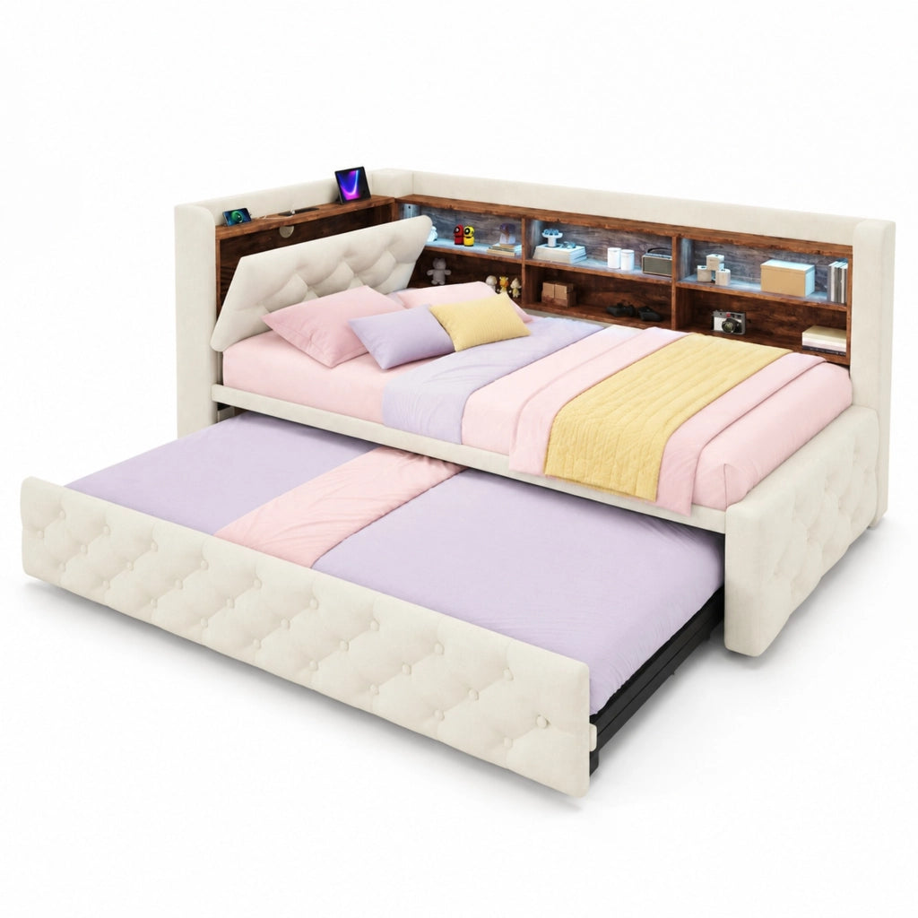 Divano letto estraibile 90x190 cm con LED; USB e Type-C; bracciolo contenitore; velluto beige