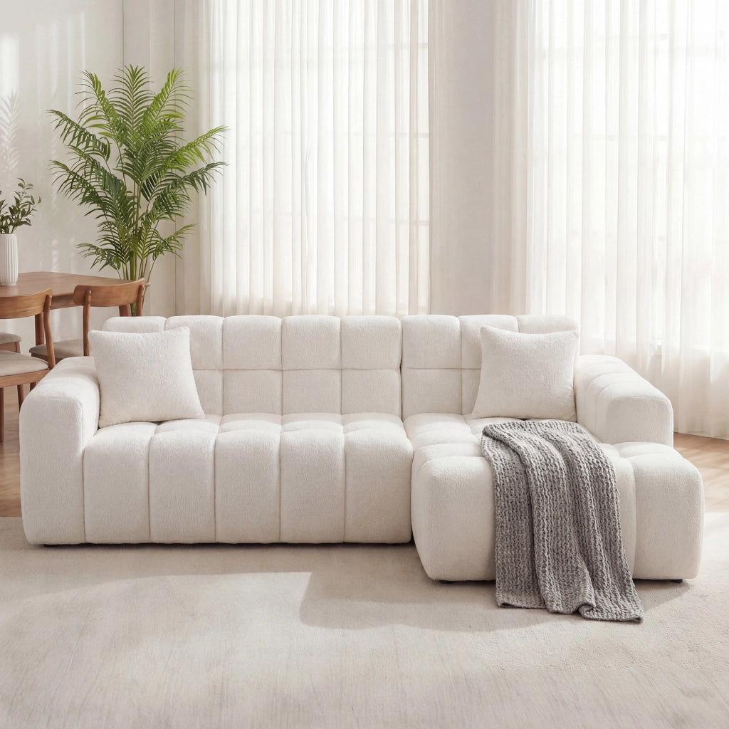 Divano angolare modulare a L; chaise longue; seduta confortevole; ciniglia bianca testurizzata; per soggiorno o studio; 249;94x99;06x59;94 cm