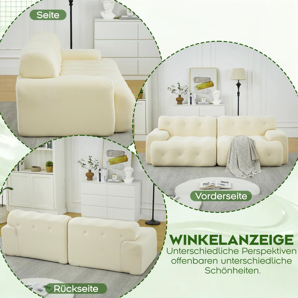 Divano modulare 2 posti con braccioli larghi e imbottitura a bottoni in tessuto beige senza montaggio 224 × 104 × 66 cm
