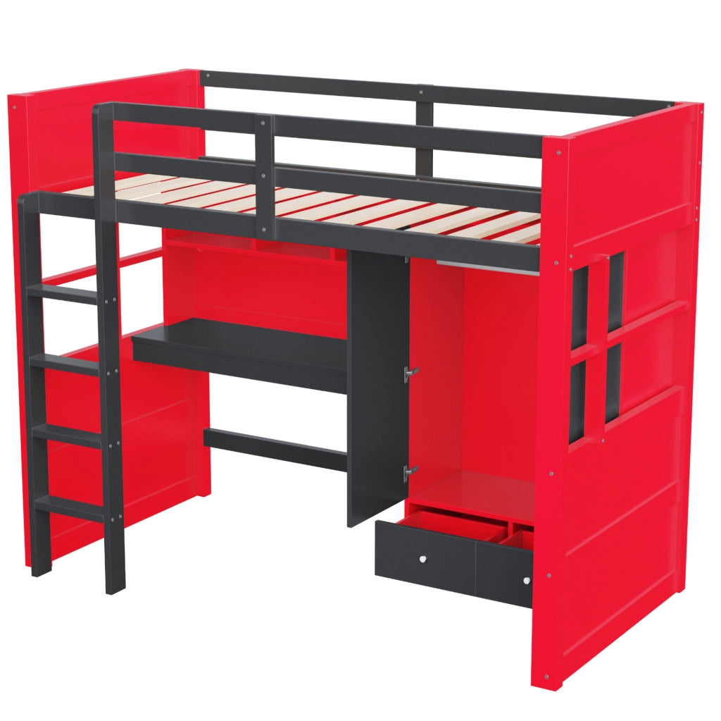 Letto a castello 90x200 cm in legno con armadio, scrivania, cassetti e scala, stile gaming nero e rosso