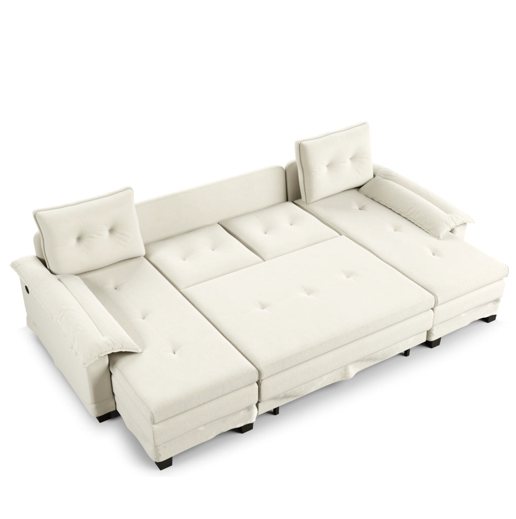 Divano letto modulare a U ULEVR 278x127 cm con letto estraibile, USB e cuscini rimovibili, beige