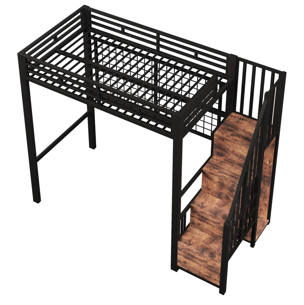 Letto a soppalco 90x200 cm in metallo e MDF nero con appendiabiti e LED