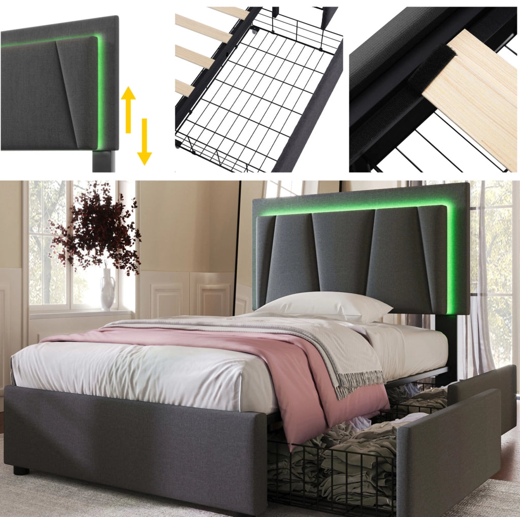 Letto singolo 90x200 cm con LED, 2 cassetti e materasso