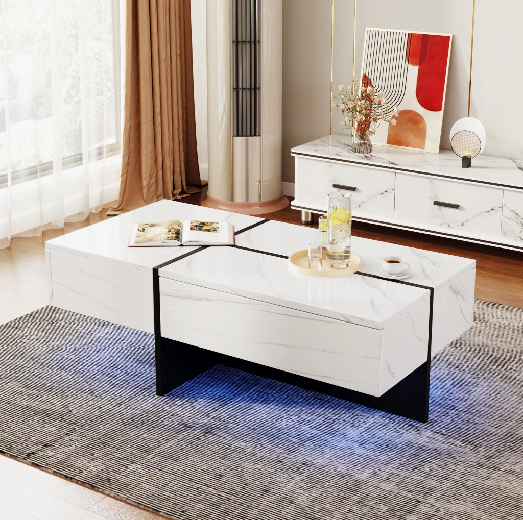 Tavolino da salotto in truciolato con finitura lucida effetto marmo bianco, 100x50x34,5 cm, con sistema di illuminazione LED controllabile via app, colore nero