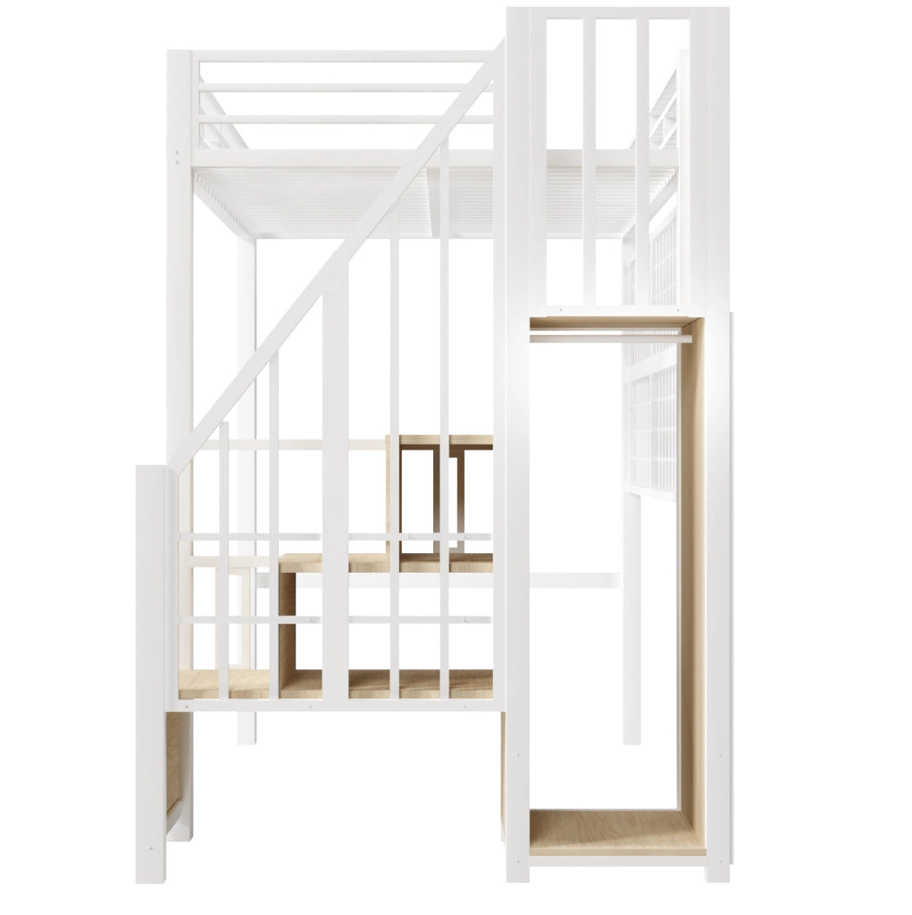 Letto a soppalco 90x200 cm con struttura in ferro, armadio con scala contenitore, griglia appendiabiti, luci LED a 7 colori, bianco, senza materasso
