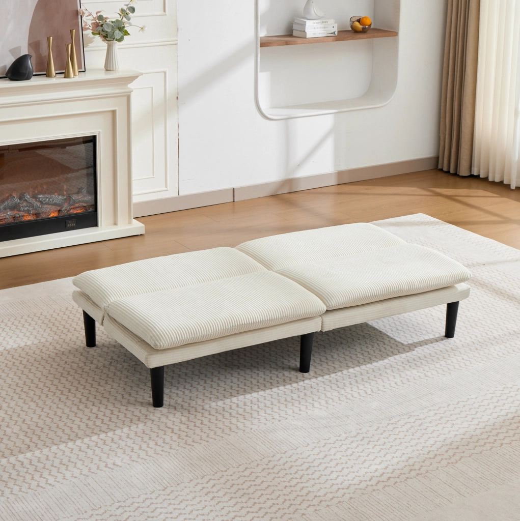 Divano a 2 posti regolabile a 3 posizioni in velluto beige con piedi neri in plastica e struttura in legno