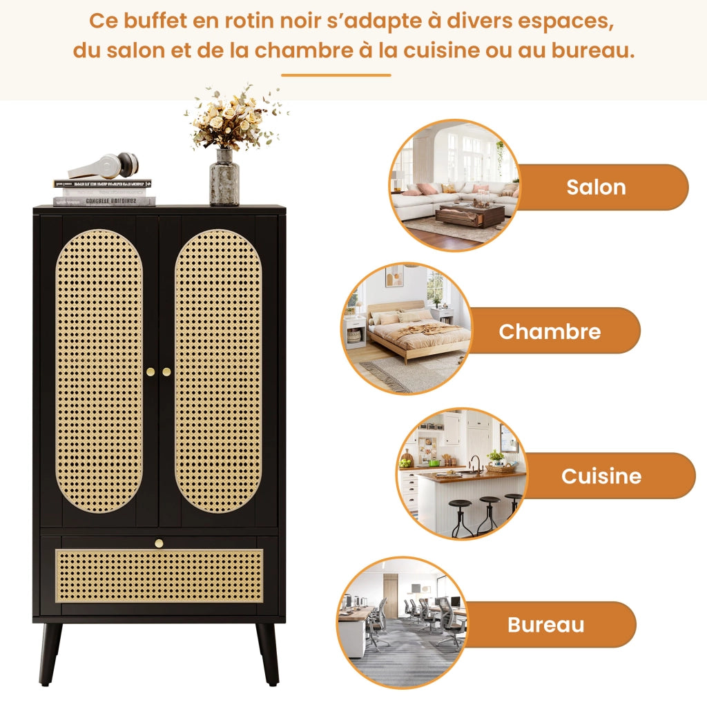 Credenza con 2 ante; 1 cassetto e 2 ripiani in pannello di particelle nera 60 × 40 × 110.5 cm