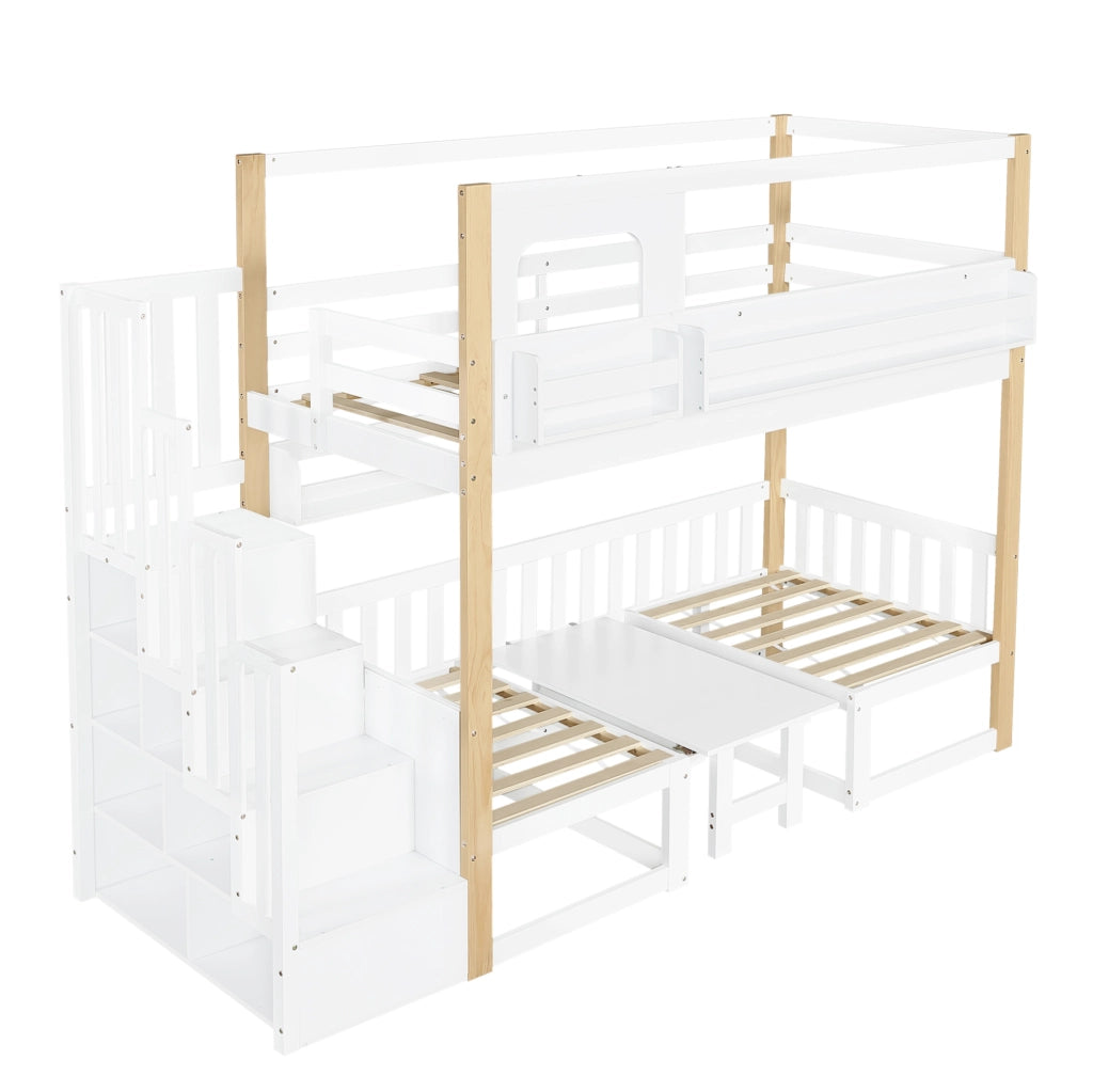 Letto a castello con scrivania regolabile in altezza, scala portaoggetti stabile, legno di pino e MDF, 90x200 cm bianco e naturale