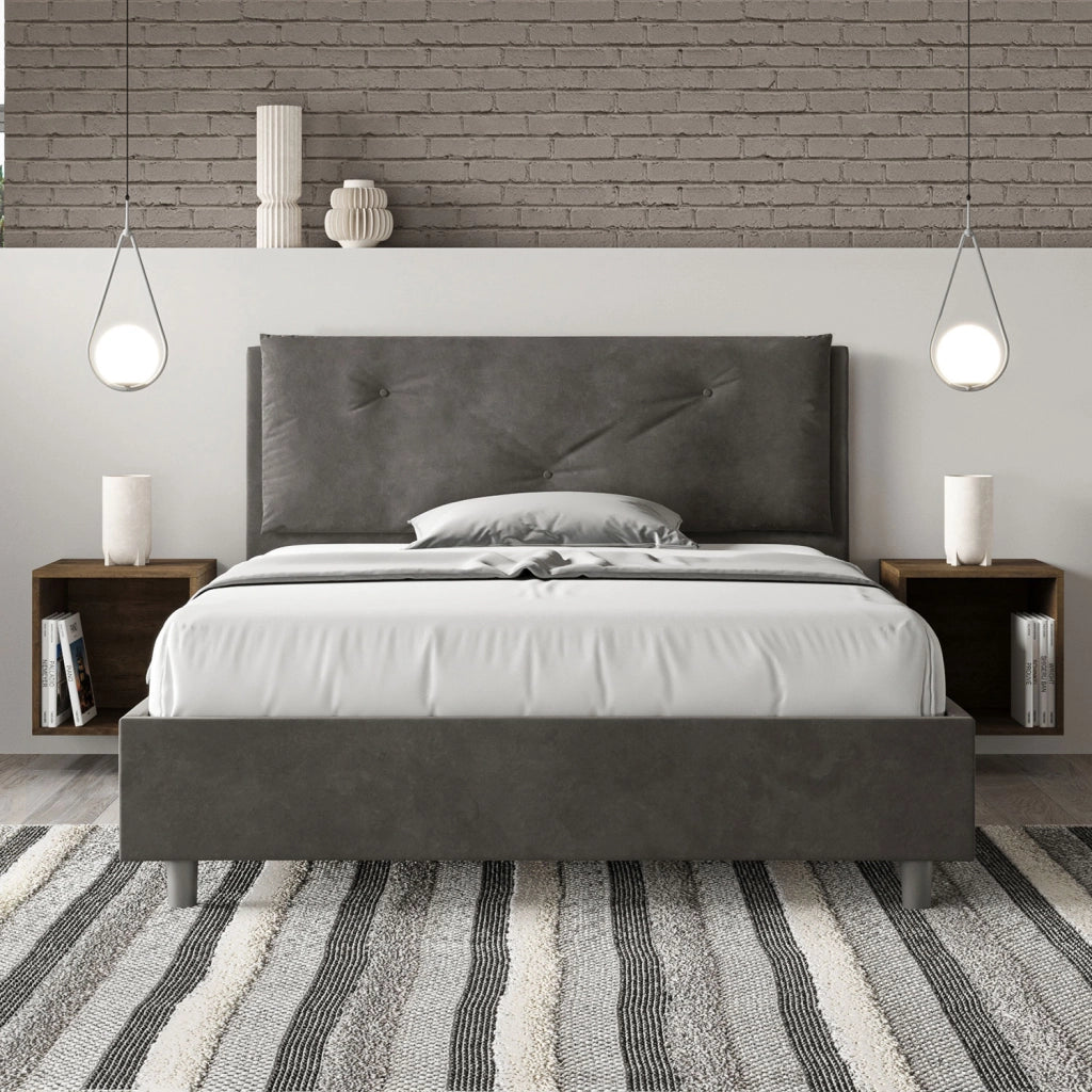 BS COM Letto matrimoniale francese con rete imbottito 140x200 microfibra grigio Large