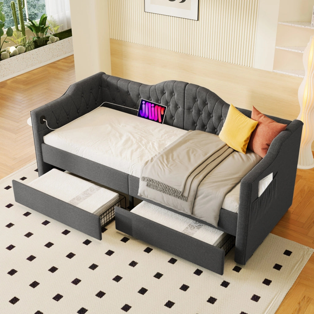 Letto imbottito grigio 90x200 cm con USB Type-C e 2 cassetti