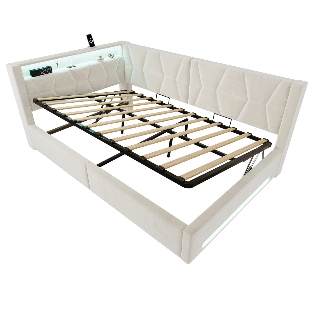 Letto imbottito 140x200 cm con vano contenitore idraulico; LED; USB e Type-C; metallo e velluto beige