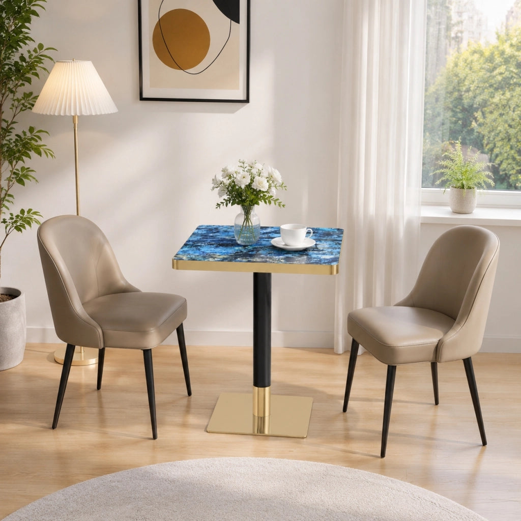 Tavolo da pranzo quadrato con base stabile, effetto marmo e bordo dorato, in MDF e metallo, blu, 60 × 60 × 74 cm