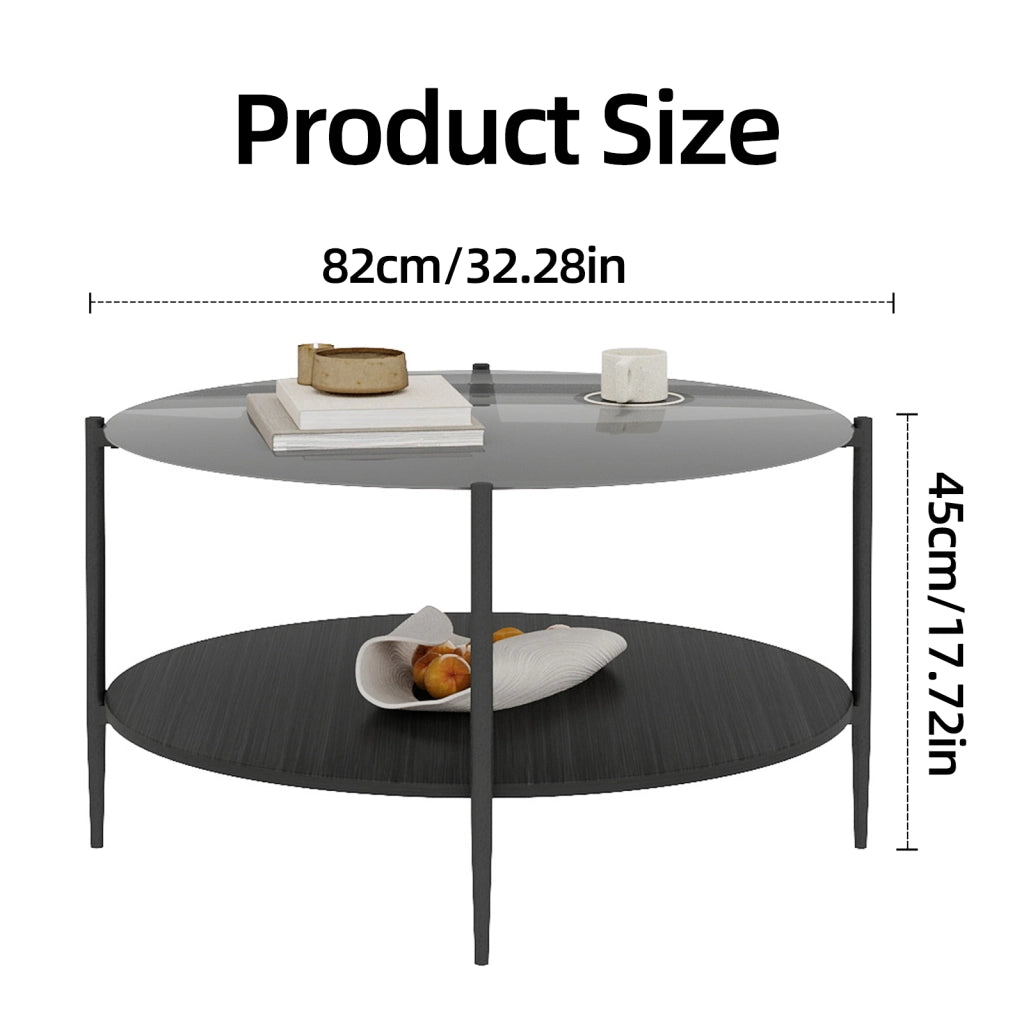 Tavolino basso fisso rotondo a due ripiani in vetro temprato legno e ferro nero diametro 82 cm altezza 45 cm