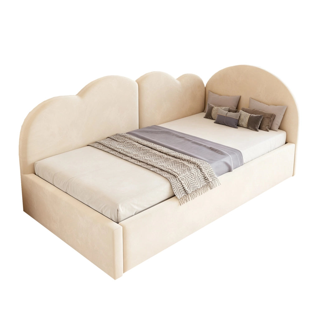 Letto imbottito a L con letto estraibile in velluto beige
