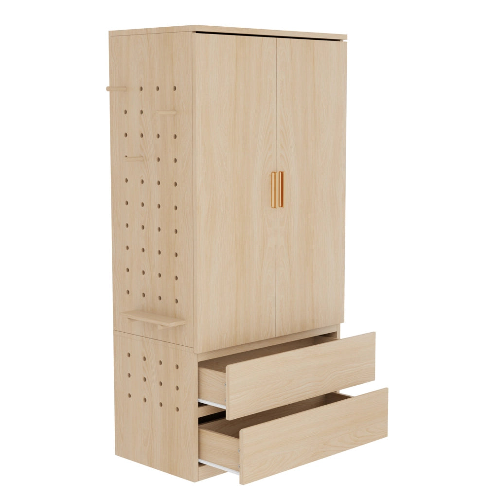 Armadio multifunzionale 70x50x170 cm con pannello forato laterale, cassetti nascosti e spazio appendiabiti, colore legno