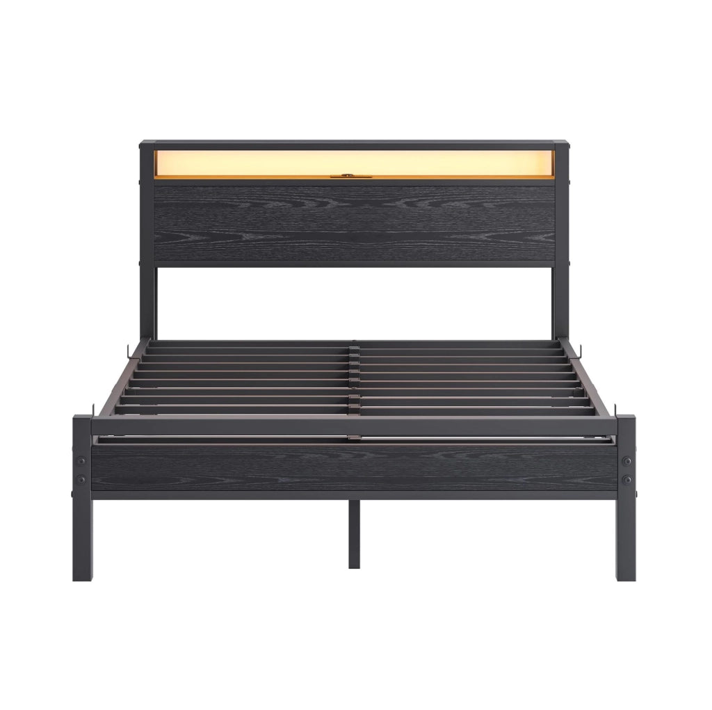 Letto 140x190 cm con USB e presa, testiera a 2 vani, in MDF e metallo nero