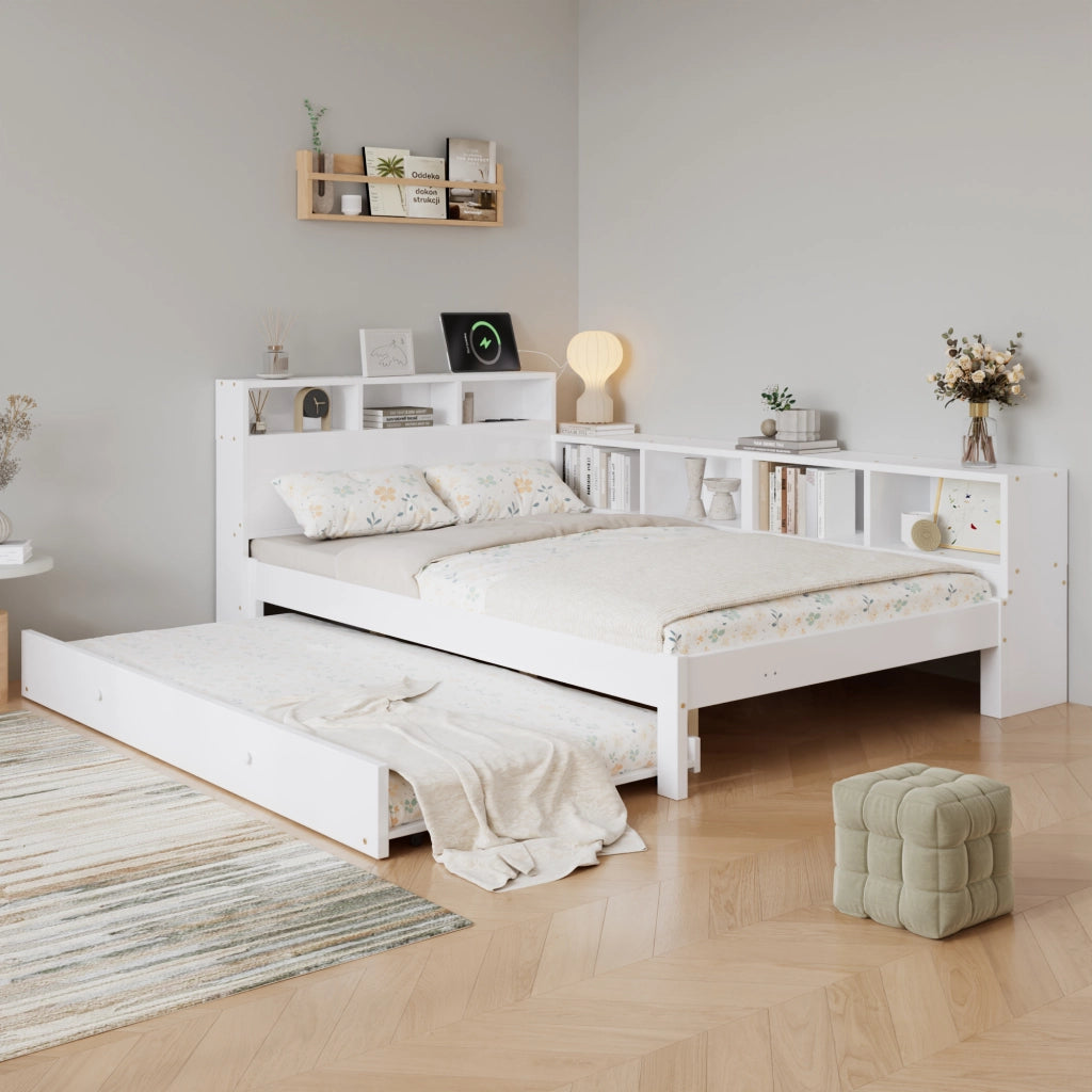 Letto 120x200 con secondo letto estraibile 90x190 in pino e MDF bianco; con scaffale e ricarica per cameretta