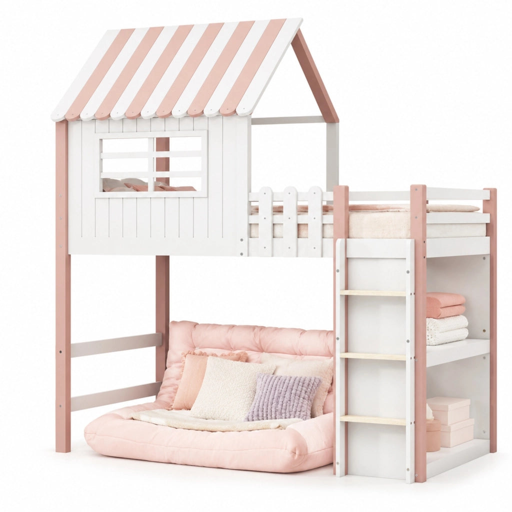 Letto a soppalco per bambini 90 × 200 cm con tetto scala di sicurezza rete a doghe in legno rosa